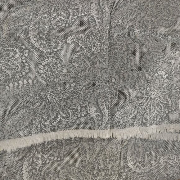 Saks Fifth Avenue Vintage Italian Paisley Silk Scarf Gray Fringed Edges 56 by 17 - Picture 2 of 11